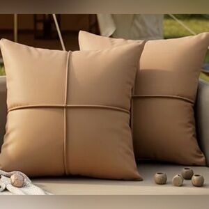2 Boho Faux Leather Pillows  18” x 18” | Camel Tan Cross Stitch Accent